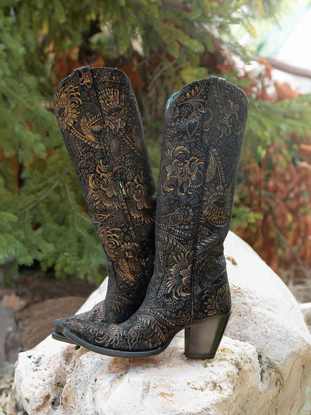 Women's Tall Suede Boot with Mealic Shine in a Tooled Stamp -A4481 - Blair's Western Wear in Marble Falls, TX