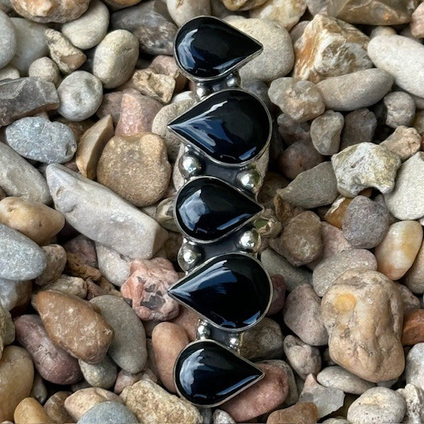 Ladies Black & Silver Long Stacked Teardrop Adjustable Ring - T555OX - Blair's Western Wear Marble Falls, TX