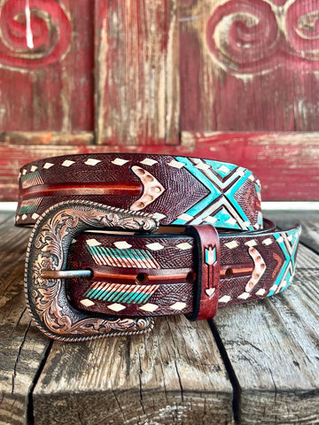 American Darling Tool Belt Arrow Pnt in red and turquoise, hand-tooled and painted design with white buckstitch edges - ADBLF104. Available at Blair's Western Wear, Marble Falls, TX.