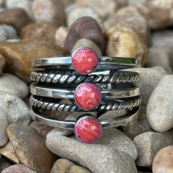 Ring with 5 lines; 3 with coral stones and 2 rope- T5238C - BLAIR'S Western Wear located in Marble Falls TX 