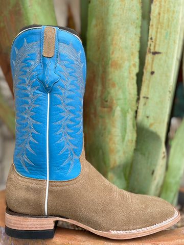 Tan with Blue Resistol Rough Out Leather Square Toe Roper Boot - (RB0404072SS) - BLAIR'S Western Wear located in Marble Falls TX. 