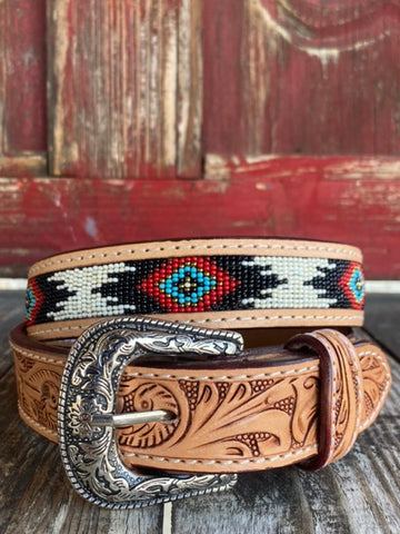 Kids Tackrus Challenger Aztec Beaded Belt in natural, red, black, and white with tooled leather and an engraved silver buckle - 26RS80C. Available at Blair's Western Wear, Marble Falls, TX.