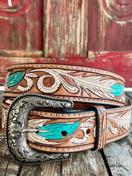 Ladies' American Darling Belt in Tan, Turquoise, hand-tooled feather design with stylish metal buckle - ADBLF107. Available at Blair's Western Wear, Marble Falls, TX.