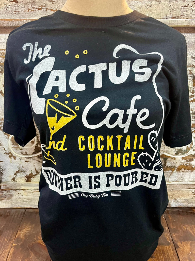 Ladies' Black T-Shirt featuring playful gold and Black 'The Cactus Cafe and Cocktail Lounge' design, made from comfortable cotton - CACTUS CAFE. Available at Blair's Western Wear, Marble Falls, TX.