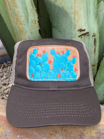 Chocolate & Tan Ladies Cap w/ turquoise cactus - CAPCACTLC Blair's Western Wear Marble Falls, TX