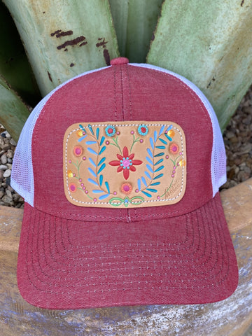 Red & White Tooled Western Ladies Cap - FIESTA FLWR,  Blair's Western Wear Marble Falls, TX