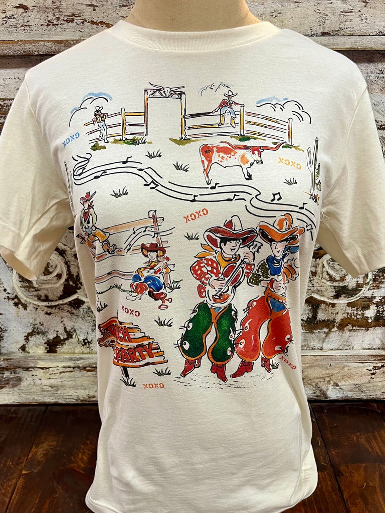 Ladies' T-Shirt in white, featuring vibrant cowboy and ranch cartoons, crafted from comfortable cotton - RANCH PARTY. Available at Blair's Western Wear, Marble Falls, TX.