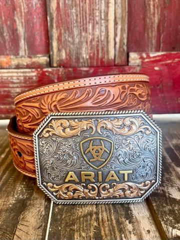 Men's Ariat Leather Belt in tan, featuring a floral embossed design and an ornate antique silver buckle with copper and gold accents - A1042208. Available at Blair's Western Wear, Marble Falls, TX.