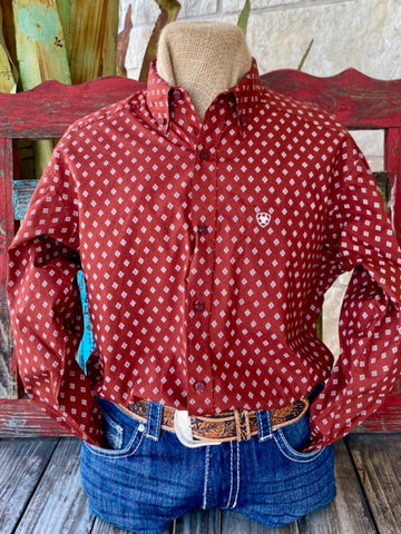 Men's Ariat Long Sleeve in Wine/White, crafted from 100% cotton with Single Chest Pocket - 10053867. Available at Blair's Western Wear, Marble Falls, TX.