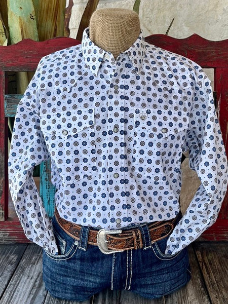 Men's Ariat Long Sleeve in white, blue and brown. Crafted from Cotton and Spandex for breathability and comfort with a unique geometric pattern - 10053916. Available at Blair's Western Wear, Marble Falls, TX.