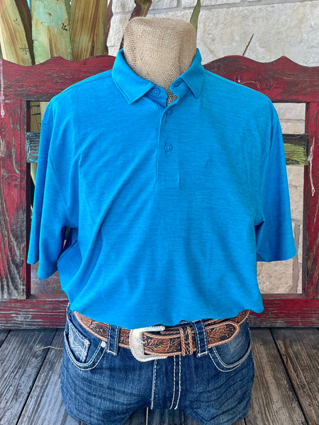 Men's Ariat Polo Shirt in turquoise, crafted from performance fabric with moisture-wicking technology and UV protection - 10055073. Available at Blair's Western Wear, Marble Falls, TX.