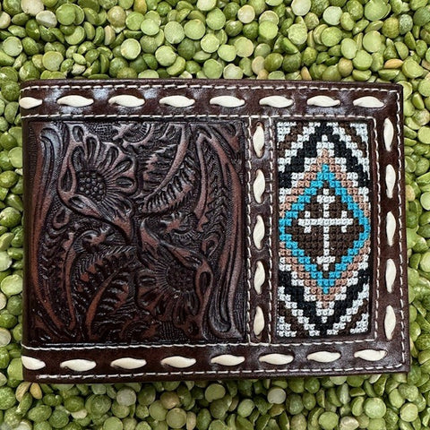 Chocolate Leather / Turquoise Cross Embroidery Men's Ariat Tooled Bifold Wallet - N500044502