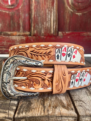 Men's Tackrus Challenger Western Leather Belt in brown, featuring a hand-tooled floral design with an intricate silver-tone buckle - 26RS68. Available at Blair's Western Wear, Marble Falls, TX.