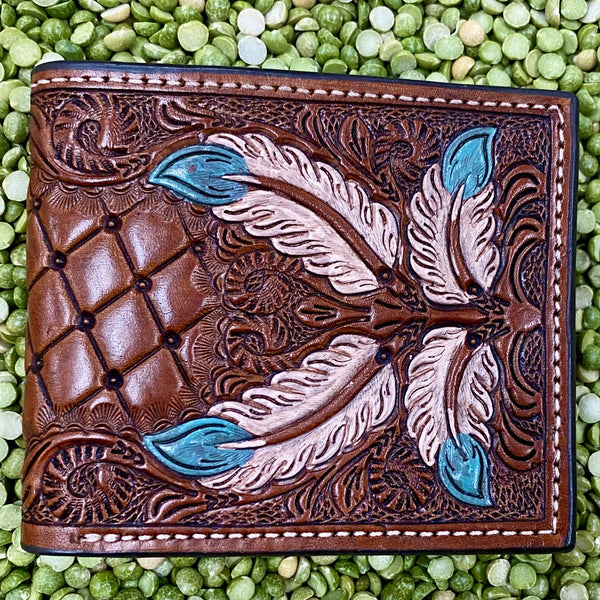 Brown & Turquoise Tooled Leather Men's Bifold Wallet - H-01BC