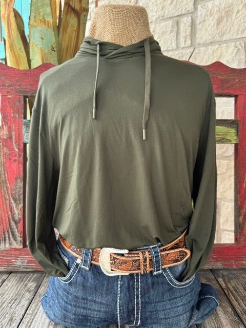 Men's Burlebo Hoodie Long Sleeve in Hunter Green, crafted from 95% Polyester and 5% Spandex, featuring quick-drying and moisture-wicking technology - PHMG. Available at Blair's Western Wear, Marble Falls, TX.