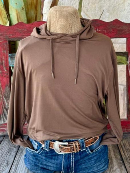 Men's Burlebo Long Sleeve Hoodie in Chocolate, featuring Lightweight Performance Material, Moisture Wicking, UPF 50 Sun Protection, and Anti-Microbial Technology - PHHBRN. Available at Blair's Western Wear, Marble Falls, TX.