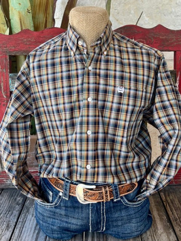 Men's Cinch Long Sleeve in sage, navy, orange plaid, crafted from 100% cotton with Single Chest Pocket for practicality and style - MTW1105472. Available at Blair's Western Wear, Marble Falls, TX.