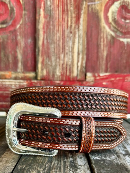 Men's Cowboy Chrome Basketweave Belt in cognac, featuring premium leather construction and a removable, polished silver-toned engraved buckle - 1006CC. Available at Blair's Western Wear, Marble Falls, TX.