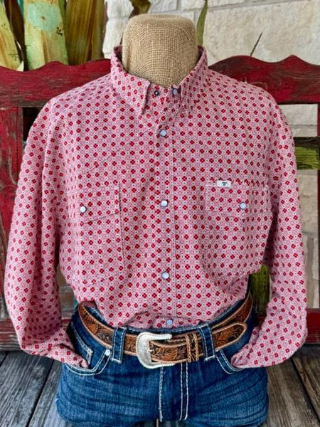 Men's Ferrell Long Sleeve Shirt in Red with White Circular Pattern and Pearl Snap Buttons - FPL1002311. Available at Blair's Western Wear, Marble Falls, TX.