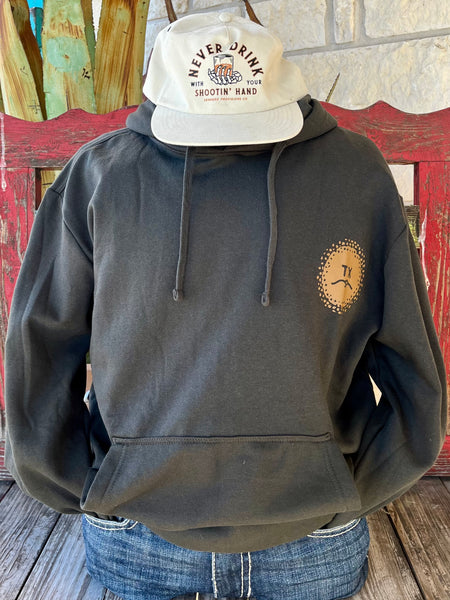 Men's THC Provisions Hoodie in Charcoal, featuring a 'Hill Country' graphic and kangaroo pouch pocket - BONE CHILLIN HOODIE. Available at Blair's Western Wear, Marble Falls, TX.