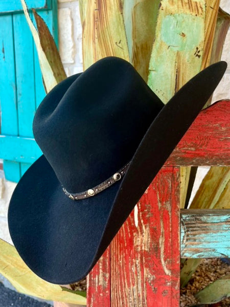 Men's Justin Cowboy Hat in black, crafted from 2X premium wool felt with a leather hatband featuring silver-toned circular studs and Conchos - JF0230BUST44. Available at Blair's Western Wear, Marble Falls, TX.