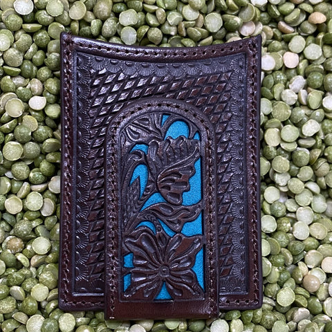 Chocolate Tooled Western Men's Money Clip Wallet w/ Turquoise inlayed - N5426527