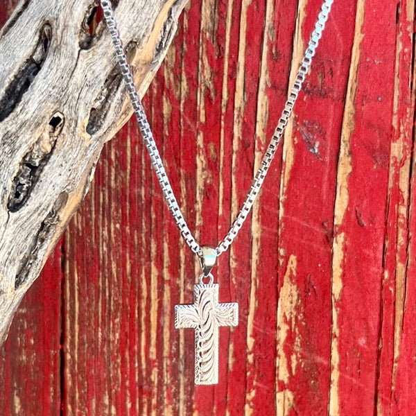 Men's Montana Necklace Cross in silver, elegant pendant design with classic bright cut engraving - NC6034. Available at Blair's Western Wear, Marble Falls, TX.