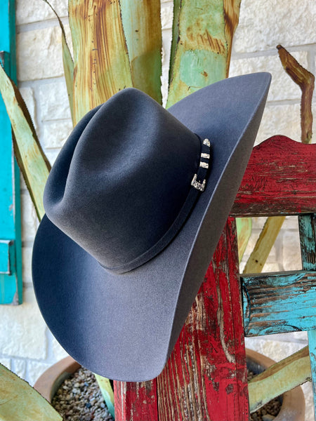 Men's Resistol Cowboy Hat in charcoal, featuring a 6X fur felt construction with a stylish silver-tone buckle set - RFLGAN524225. Available at Blair's Western Wear, Marble Falls, TX.