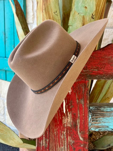 Men's Resistol Cowboy Hat, Ocho Rios 6X Sahara, featuring premium 6X fur felt construction, cattleman crease with 4 5/8" crown, 4 1/4" curved brim, and decorative hat band with contrast stitching and logo pin - RFOCRO7542E5. Available at Blair's Western Wear, Marble Falls, TX.