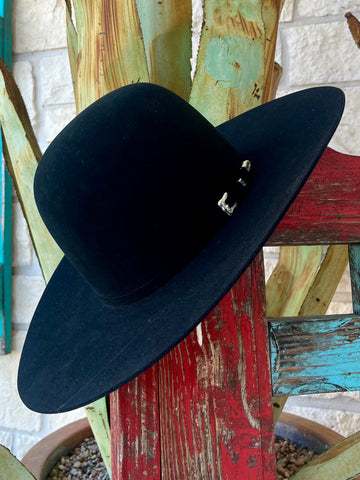 Men's Resistol Cowboy Hat in Black, made of 20X fur felt with a sterling silver buckle and leather sweatband - RFBKGD16447. Available at Blair's Western Wear, Marble Falls, TX.