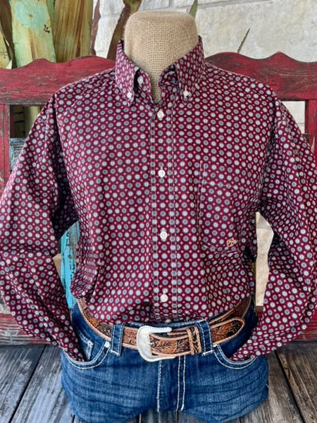 Men's Roper Long Sleeve in wine, Crafted from 100% Cotton for breathability and comfort. Features a unique geometric pattern - 3013266023. Available at Blair's Western Wear, Marble Falls, TX.