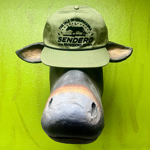 Men's Sendero Cap in Olive/Black, crafted from cotton, featuring an adjustable snapback and a unique Chupacabra graphic - CHUPACABRA. Available at Blair's Western Wear, Marble Falls, TX.