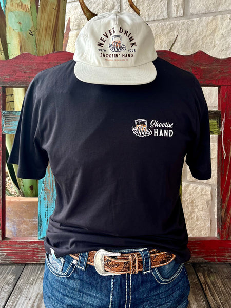 Men's Sendero Short Sleeve T-Shirt in black, detailed with playful "Never Drink With Your Shootin' Hand" graphics on both sides - NEVER DRNK B. Available at Blair's Western Wear, Marble Falls, TX.