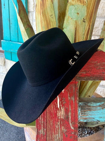 Men's Stetson Cowboy Hat in Black, crafted from 6X quality fur felt with a hand-painted silver-tone buckle - SKYL7542.4.25. Available at Blair's Western Wear, Marble Falls, TX.