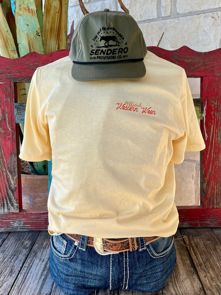 Men's Sendero Official Western T-shirt in cream, featuring a quirky cowboy and chicken design, ultra-soft cotton blend - OFFICAL WSTRN. Available at Blair's Western Wear, Marble Falls, TX.