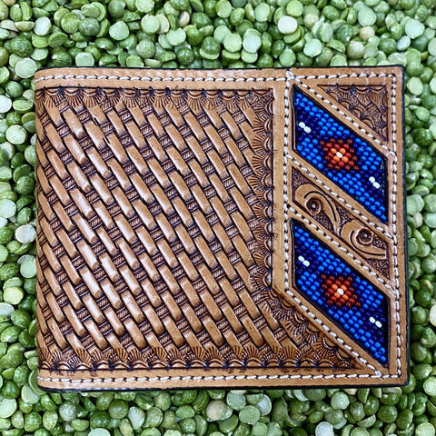 Natural Leather with Blue Beading Men's Tooled Bifold Wallet -RHW1B