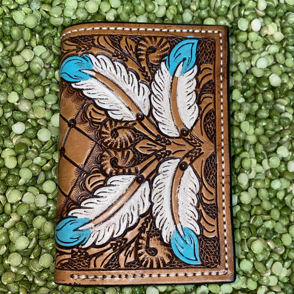 Tan & Turquoise Men's Tooled Painted Leather Trifold Wallet H-01NT