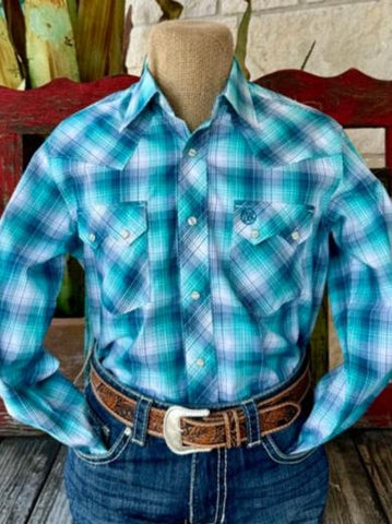 Men's Wrangler Long Sleeve Shirt in Turquoise, White, and Navy Plaid with Snap Closures and Dual Chest Pockets - 112351878. Available at Blair's Western Wear, Marble Falls, TX.