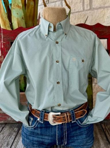 Men's Wrangler Long Sleeve Shirt in Tan and Sage Print with a single Chest Pocket - 112352414. Available at Blair's Western Wear, Marble Falls, TX