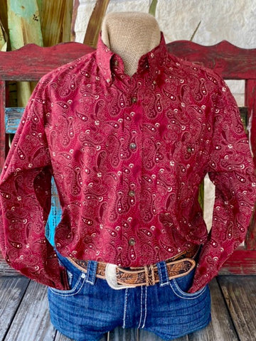 Men's Wrangler Long Sleeve in wine and natural, crafted from 100% cotton for breathability and comfort with Single Chest Pocket for practicality and style - 112355254. Available at Blair's Western Wear, Marble Falls, TX.