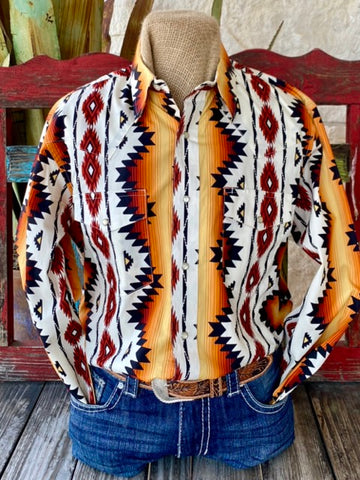 Men's Wrangler Long Sleeve in White, Orange, Black, Rust, Crafted from 100% Cotton for breathability and comfort with Dual Chest Pockets for practicality and style - 112355378. Available at Blair's Western Wear, Marble Falls, TX.