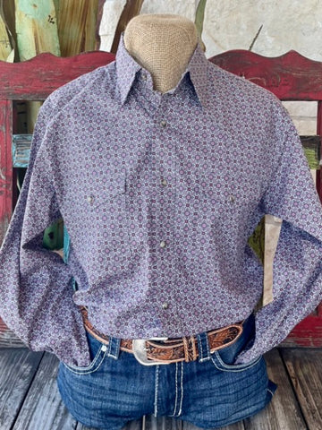 Men's Wrangler Long Sleeve in Plumb and Gray, Crafted from 98% Cotton and 2% Elastane for breathability and comfort with Dual Chest Pockets for practicality and style - 112356523. Available at Blair's Western Wear, Marble Falls, TX.