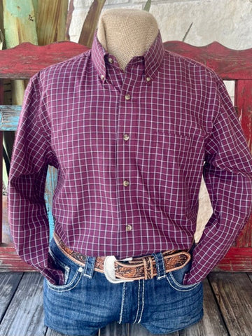 Men's Wrangler Long Sleeve in Brick, Black, and White, crafted from 55% Cotton and 45% Polyester with Single Chest Pocket for practicality and style - 112356526B. Available at Blair's Western Wear, Marble Falls, TX.