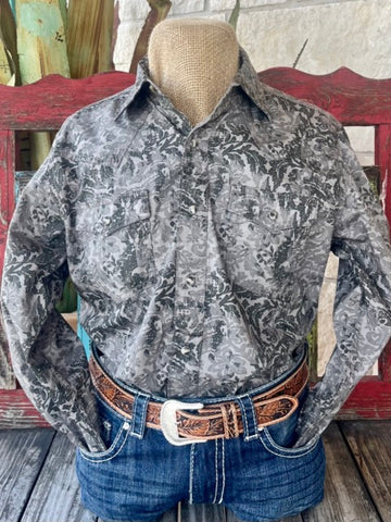 Men's Wrangler Long Sleeve in CHAR/BLK, crafted from 100% cotton for breathability and comfort with dual chest pockets for practicality and style - 112356589. Available at Blair's Western Wear, Marble Falls, TX.