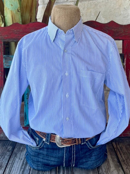 Men's Wrangler Long Sleeve in white and blue, Crafted from 100% Cotton for breathability and comfort with Single Chest Pocket - 112357672. Available at Blair's Western Wear, Marble Falls, TX.