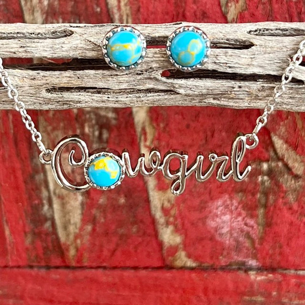 Montana Jewelry Set featuring a "Cowgirl" pendant necklace with turquoise stone accents and matching stud earrings in silver-tone finish - CSTJS5995. Available at Blair's Western Wear, Marble Falls, TX.