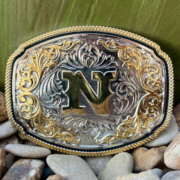 Montana Silversmiths Belt Buckle in silver, featuring ornate filigree design with the initial 'N' - A1047N. Available at Blair's Western Wear, Marble Falls, TX.