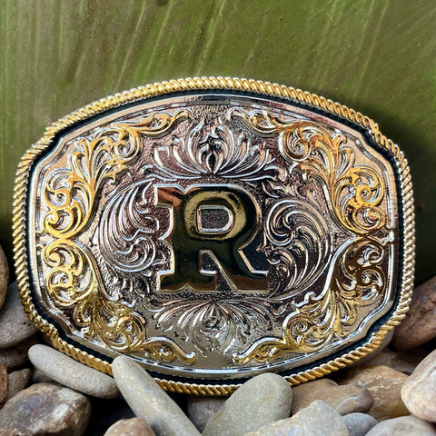 Montana Silversmiths Buckle Silver Letter R in silver, crafted with a polished finish with elegant letter 'R' design - A1047R. Available at Blair's Western Wear, Marble Falls, TX.