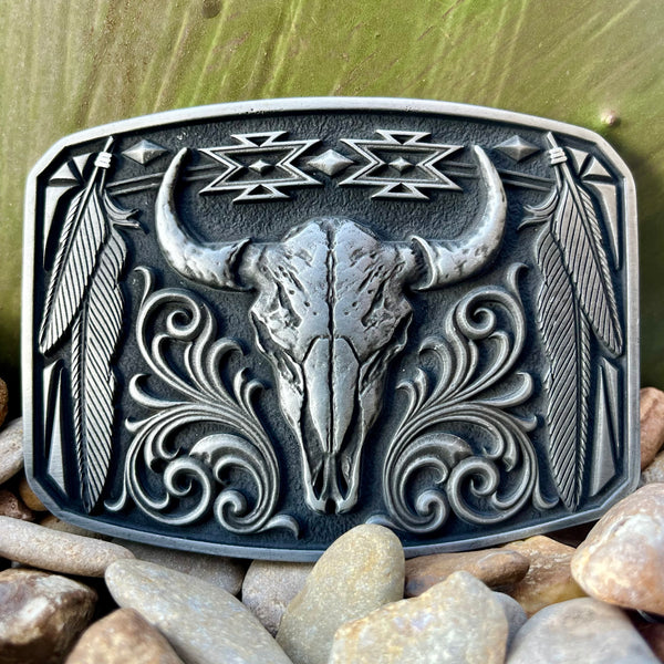 Montana Silversmiths Buckle in silver, showcasing a majestic steer skull with intricate Aztec and filigree designs - A1037S. Available at Blair's Western Wear, Marble Falls, TX.