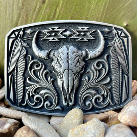 Montana Silversmiths Buckle in silver, showcasing a majestic steer skull with intricate Aztec and filigree designs - A1037S. Available at Blair's Western Wear, Marble Falls, TX.